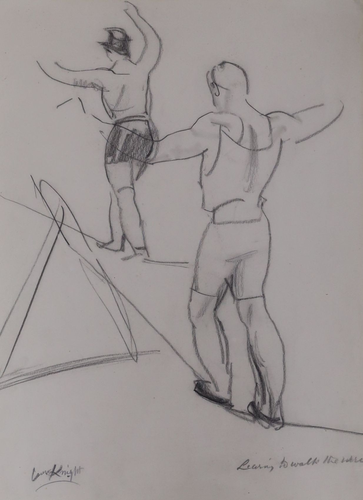 Attributed to Dame Laura Knight (1877-1970), black chalk, 'Learning to walk the rope', signed, 34 x 35cm